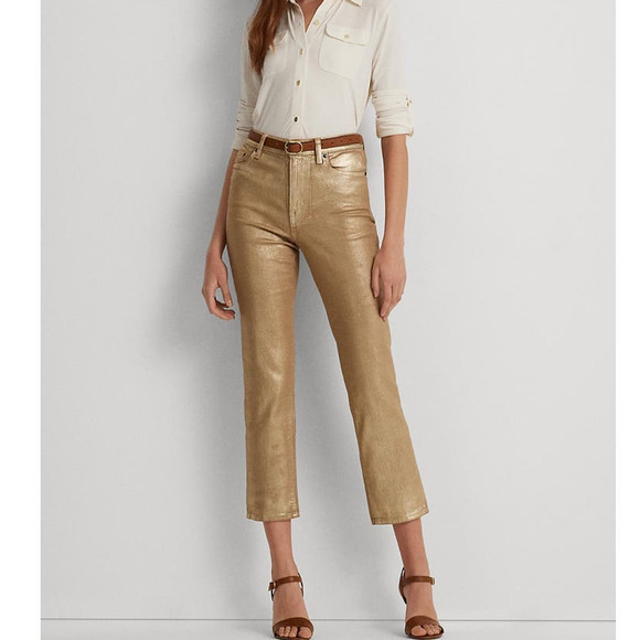 Lauren by Ralph Lauren High Rise Comfort Straight Jeans Belle Wash Metallic Gold - Picture 10 of 10